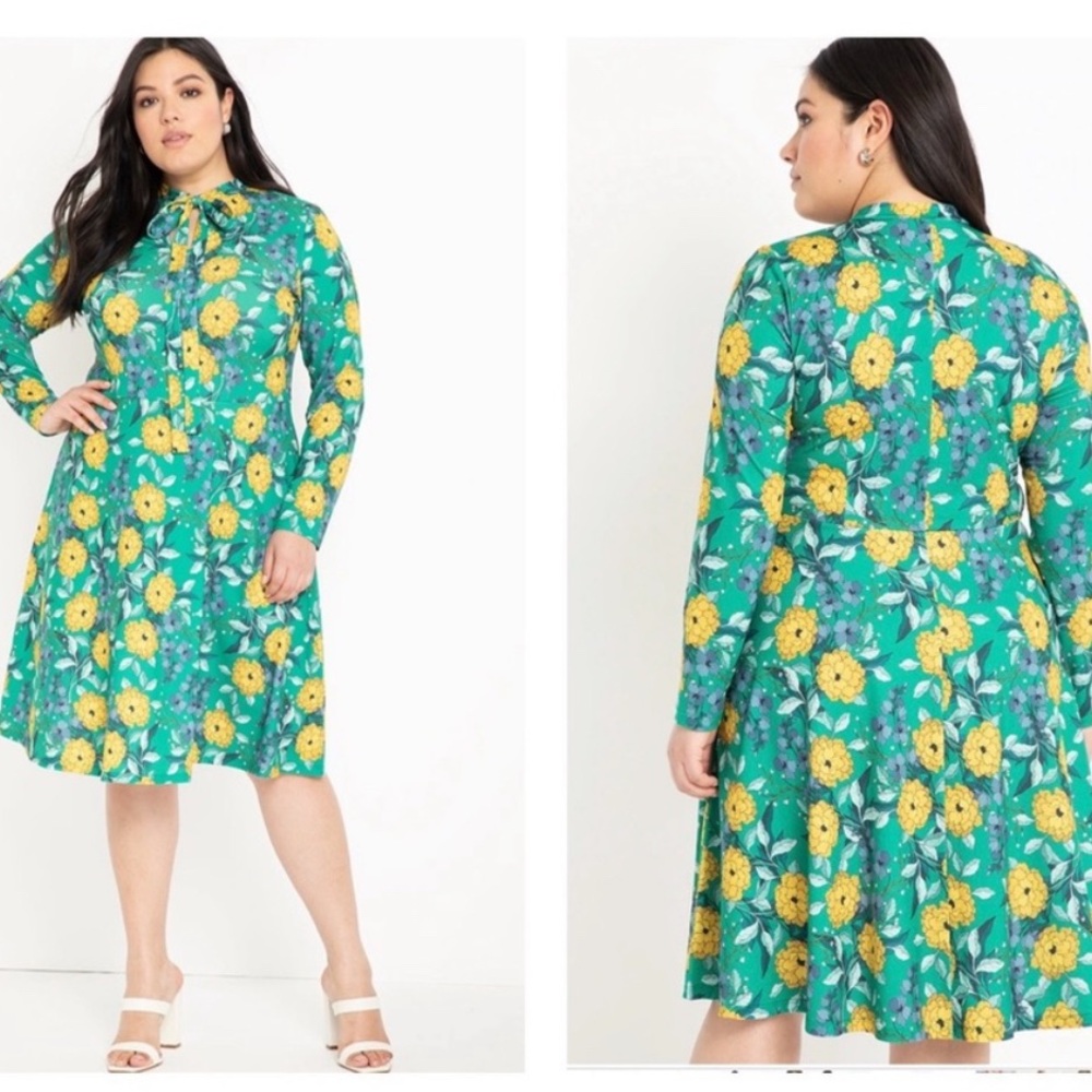 Eloquii green floral neck tie long sleeve dress size 22